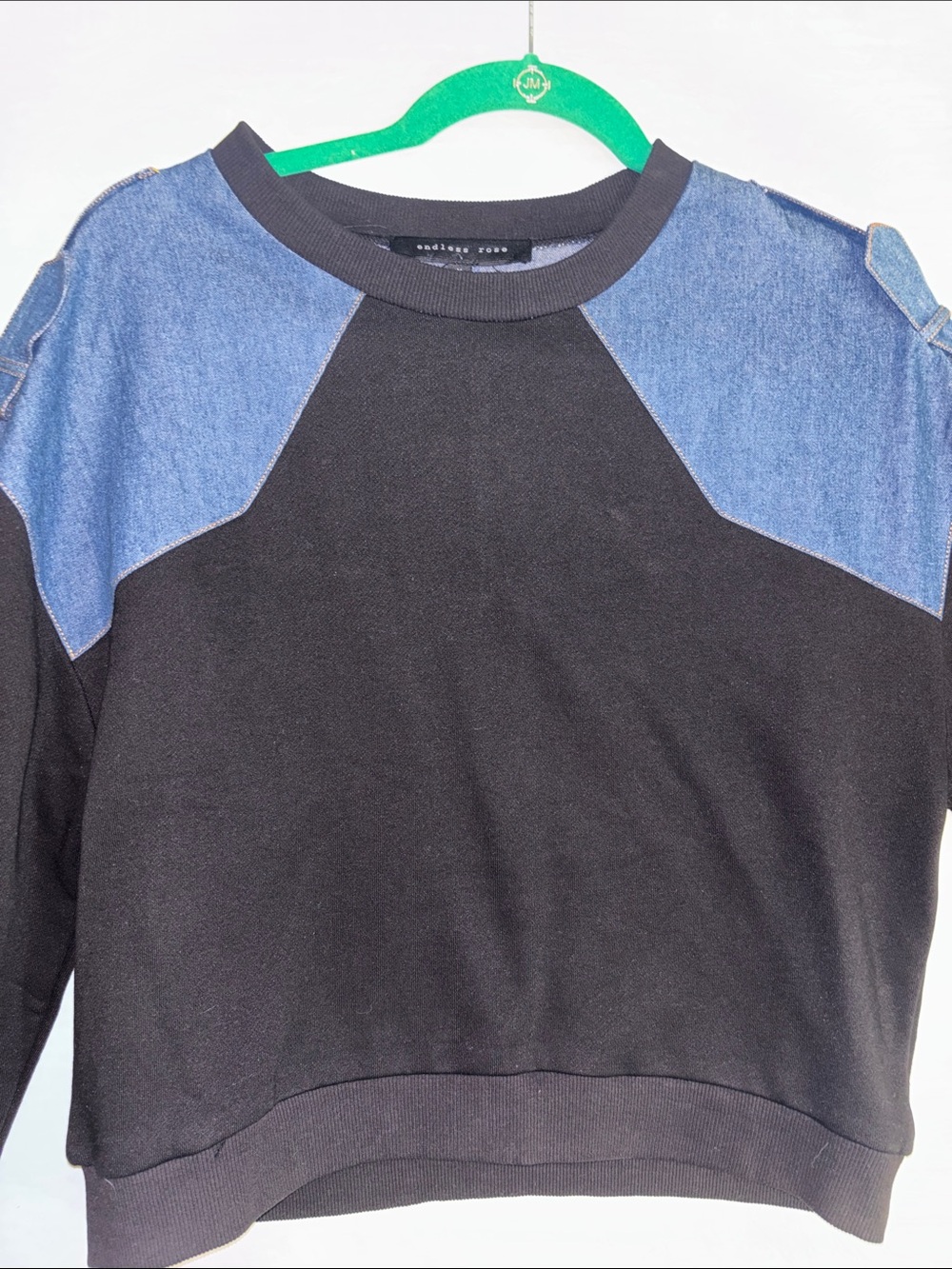 ENDLESS ROSE CREW NECK SWEATSHIRT BLUE DENIM SHOULDER PANELS BLACK COTTON BODY